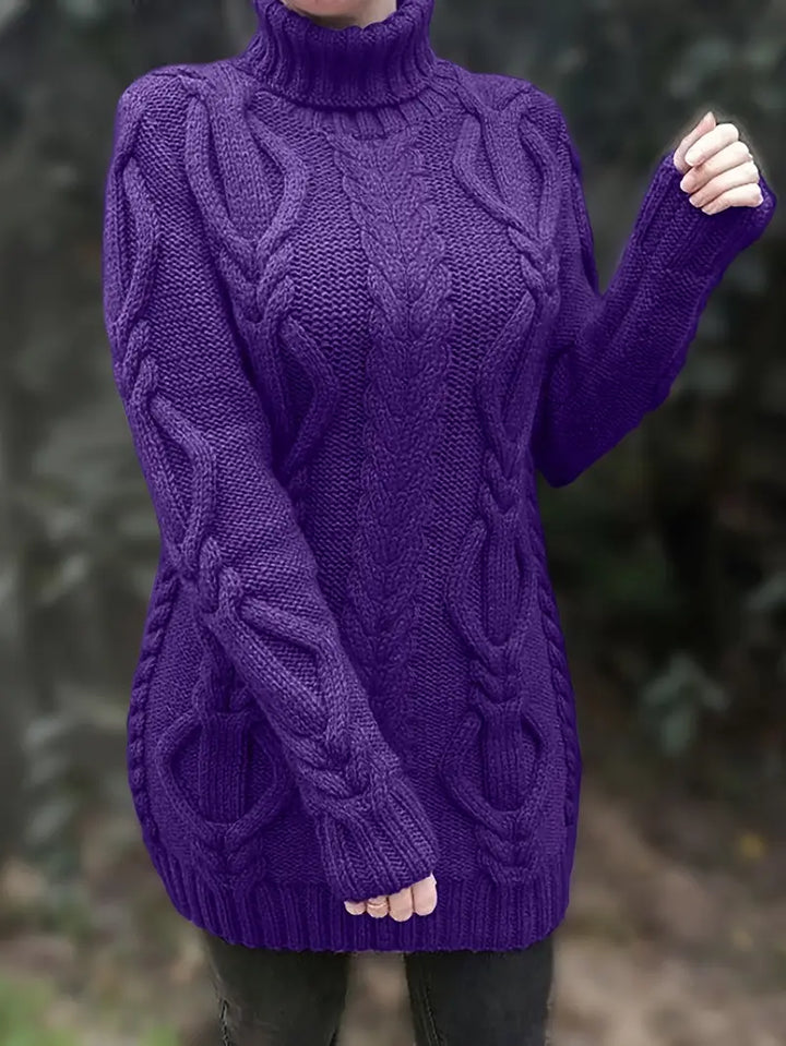 Devna | Women's Oversized Cable Knit Turtleneck Sweater - Burgundy - Image 9