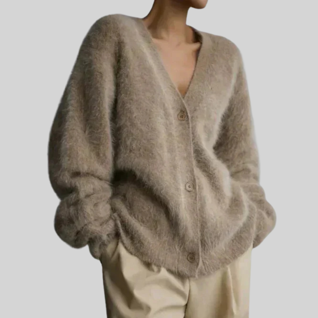 Elspeth | Women's Oversized Fuzzy Cardigan Sweater - Taupe - Image 1