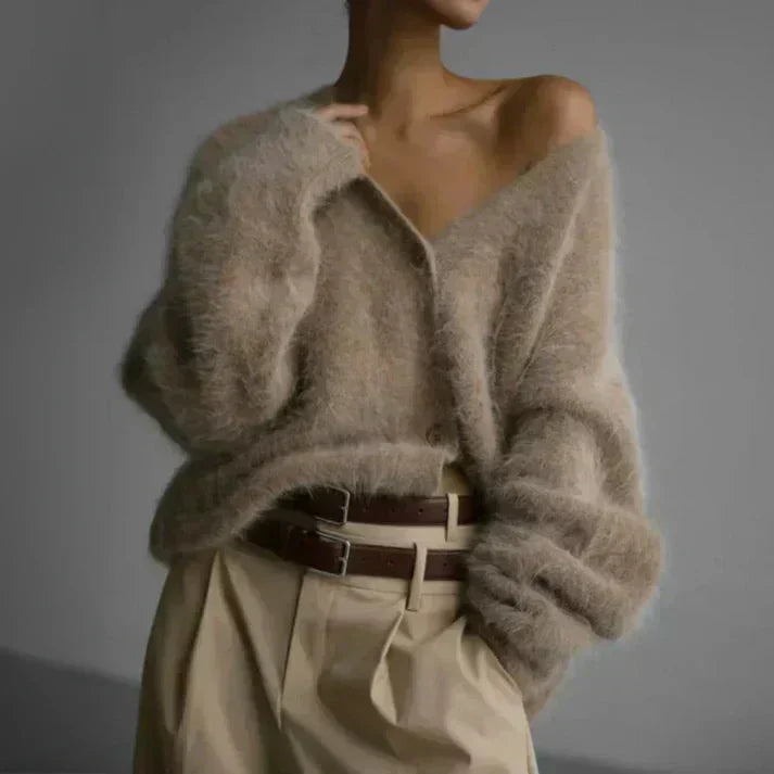 Elspeth | Women's Oversized Fuzzy Cardigan Sweater - Taupe - Image 2