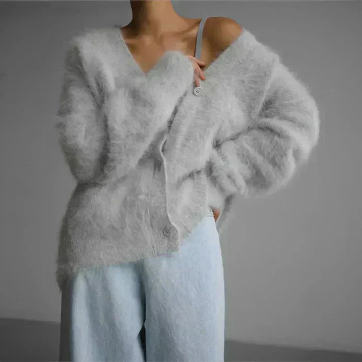 Elspeth | Women's Oversized Fuzzy Cardigan Sweater - Taupe - Image 3