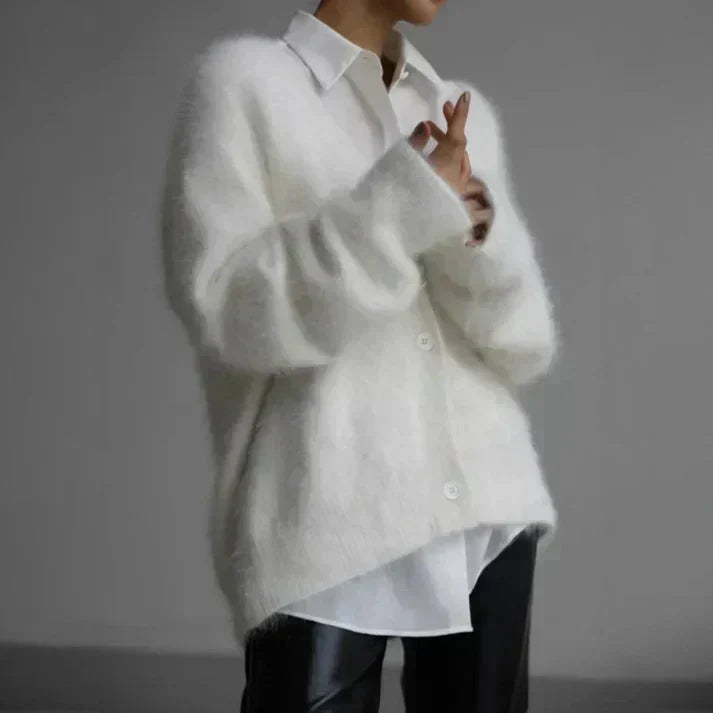 Elspeth | Women's Oversized Fuzzy Cardigan Sweater - Taupe - Image 4