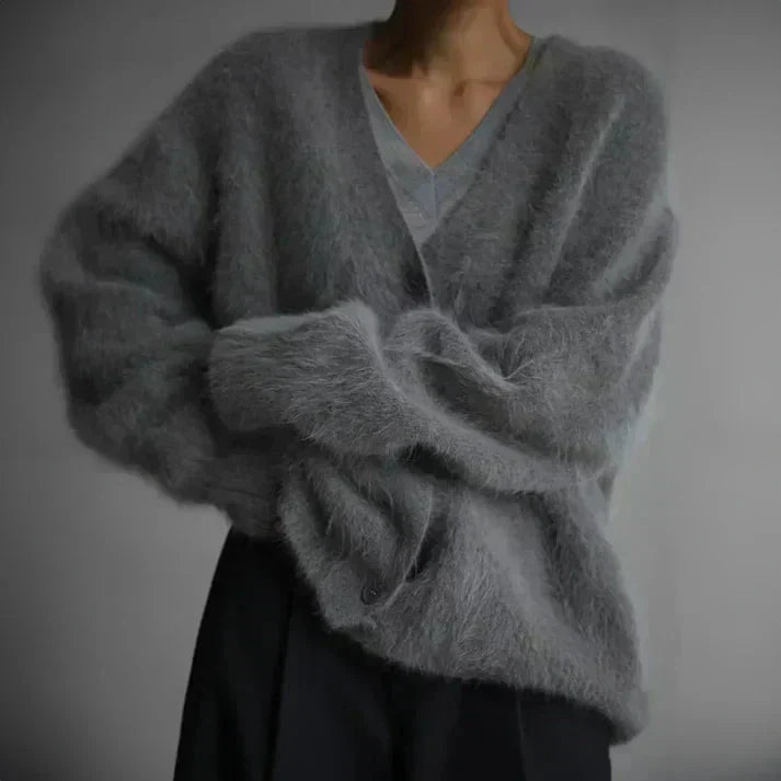 Elspeth | Women's Oversized Fuzzy Cardigan Sweater - Taupe - Image 5