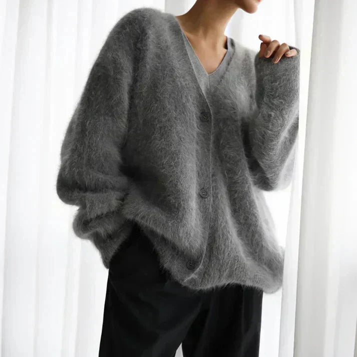 Elspeth | Women's Oversized Fuzzy Cardigan Sweater - Taupe - Image 6
