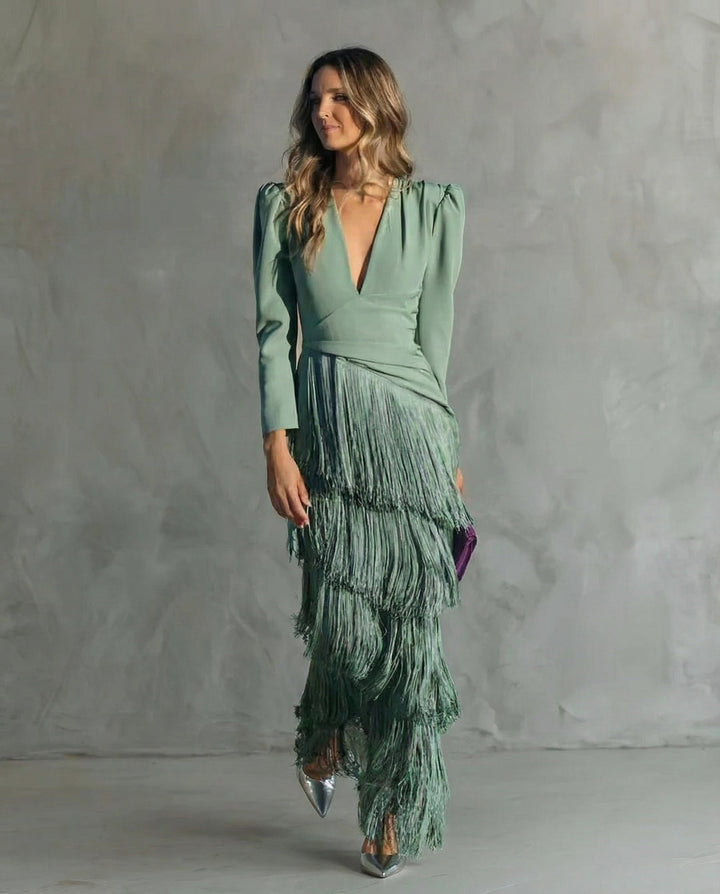 Esmeralda | Women's V-Neck Fringe Maxi Dress - Green - Image 1