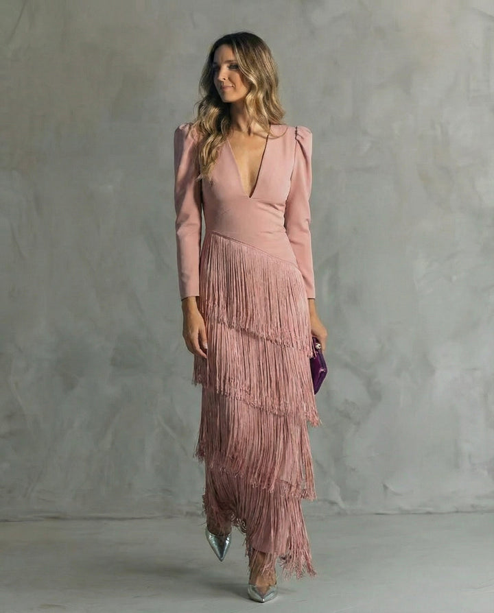 Esmeralda | Women's V-Neck Fringe Maxi Dress - Green - Image 3