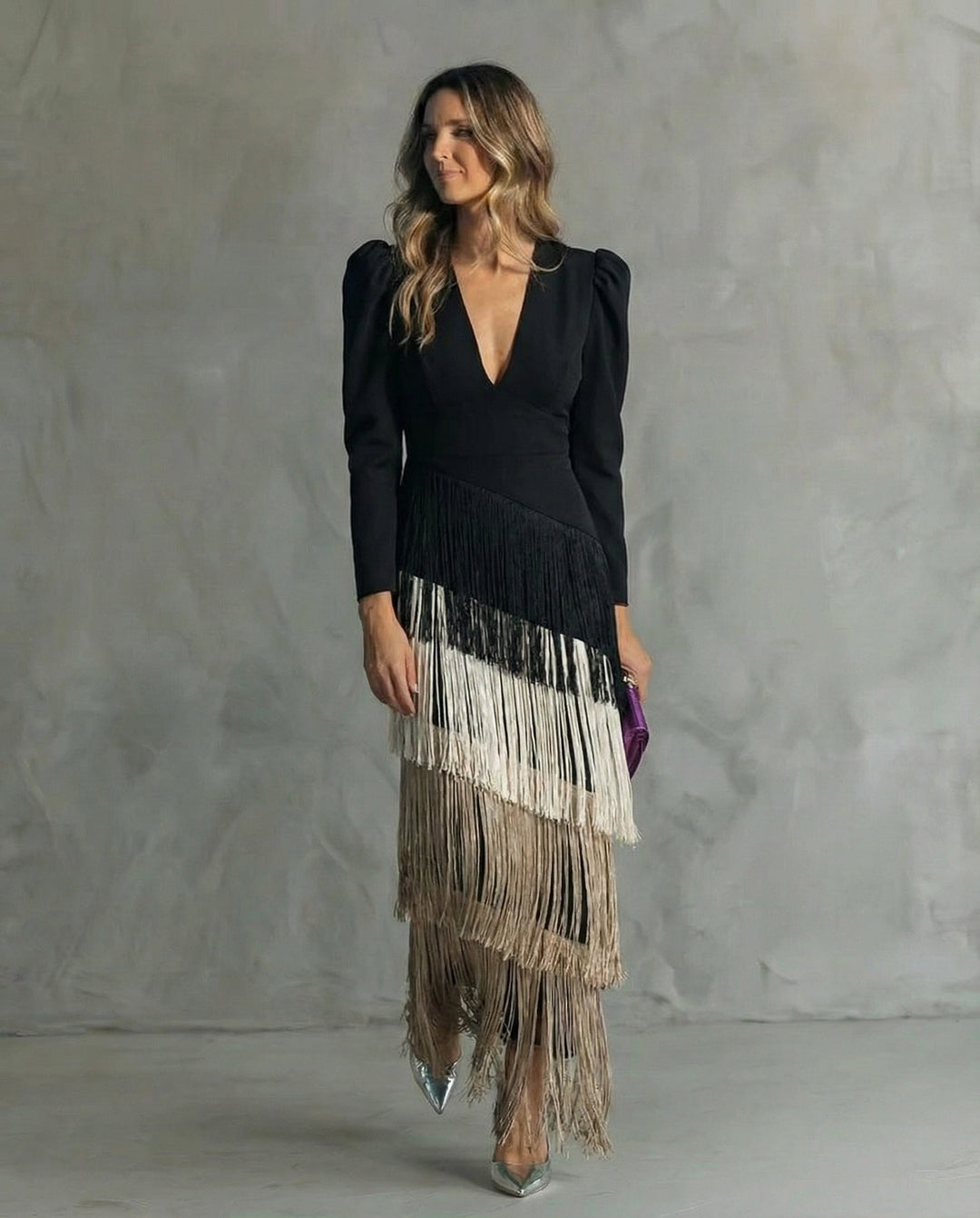 Esmeralda | Women's V-Neck Fringe Maxi Dress - Green - Image 4