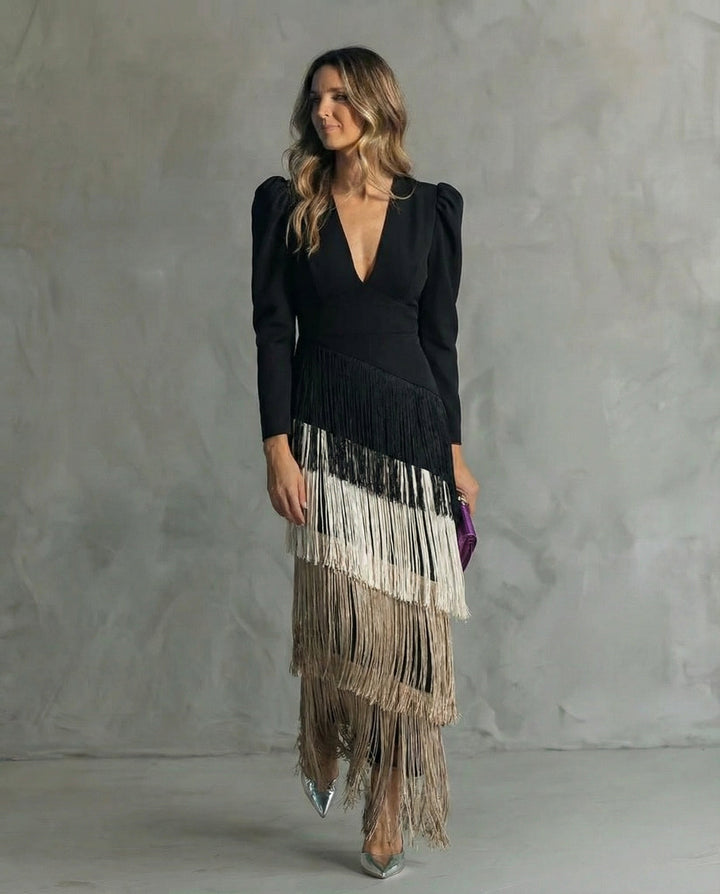 Esmeralda | Women's V-Neck Fringe Maxi Dress - Green - Image 4