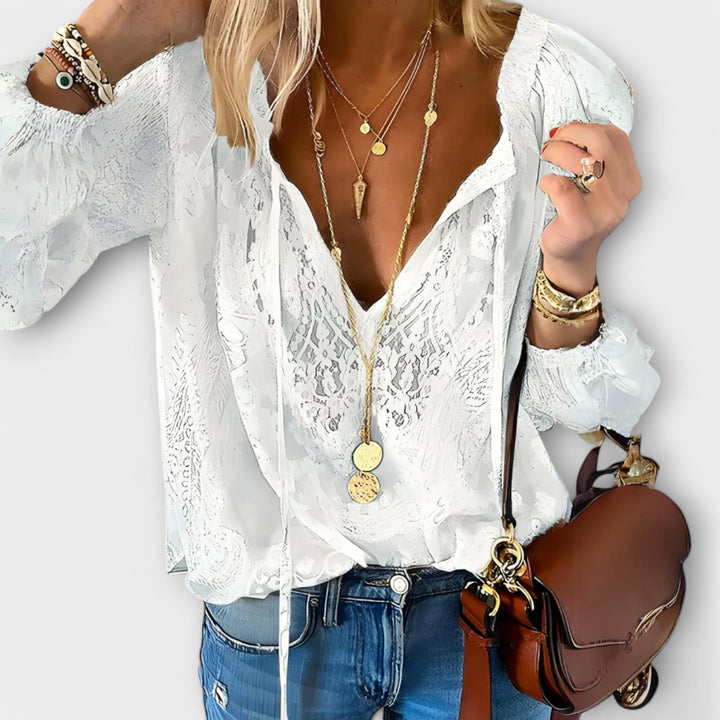 Evanthe | Women's V-Neck Lace Long Sleeve Blouse - White - Image 1