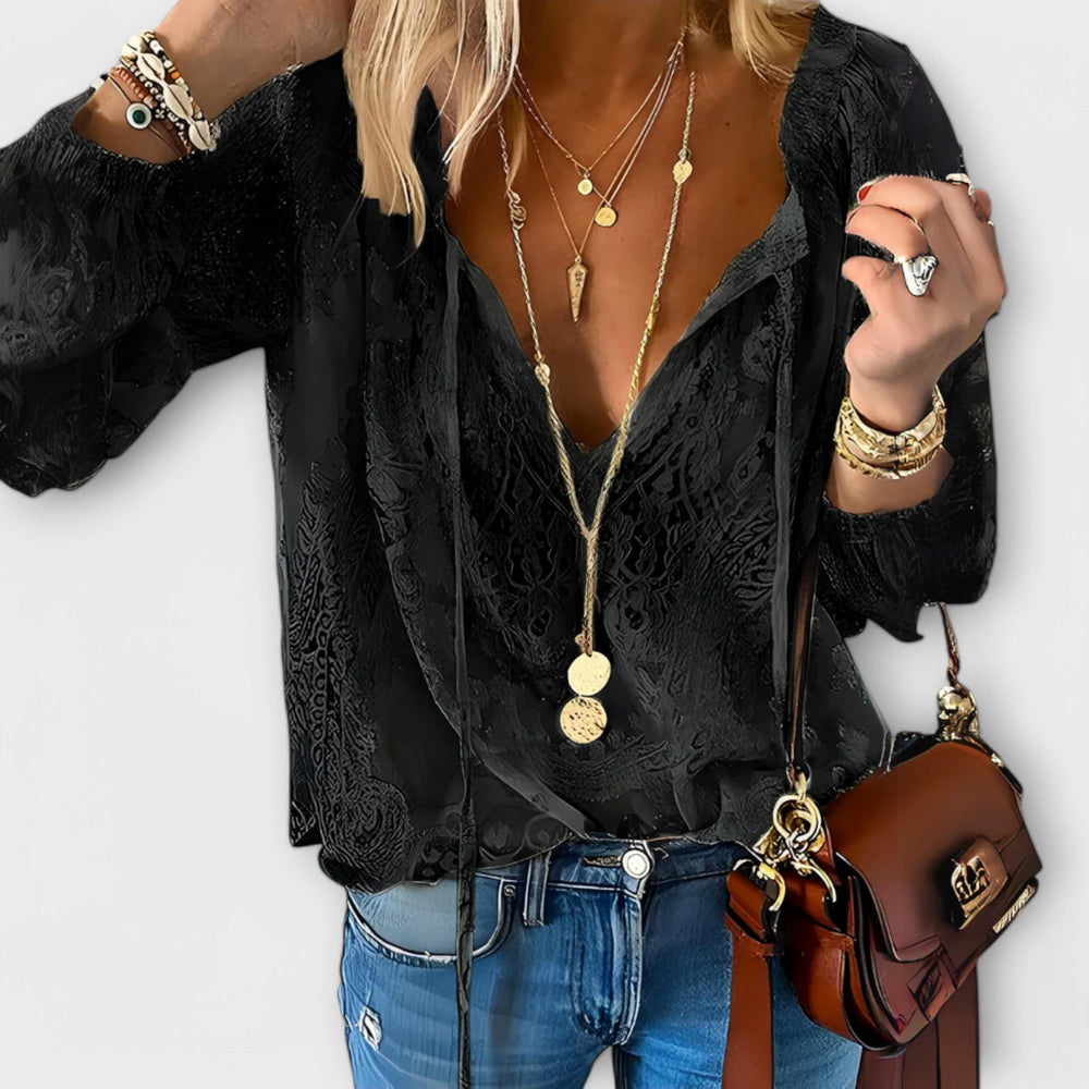 Evanthe | Women's V-Neck Lace Long Sleeve Blouse - White - Image 2