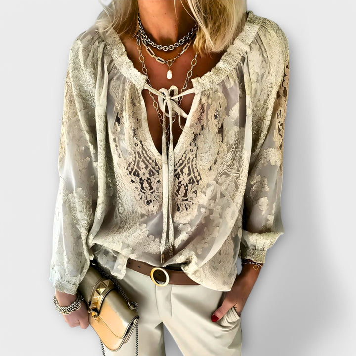 Evanthe | Women's V-Neck Lace Long Sleeve Blouse - White - Image 3