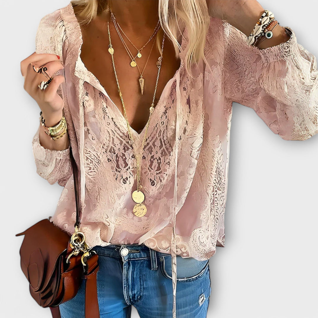 Evanthe | Women's V-Neck Lace Long Sleeve Blouse - White - Image 4