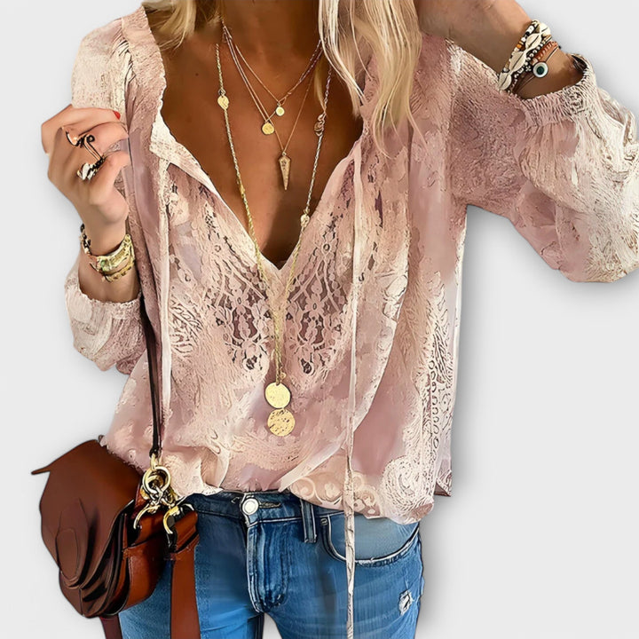 Evanthe | Women's V-Neck Lace Long Sleeve Blouse - White - Image 4