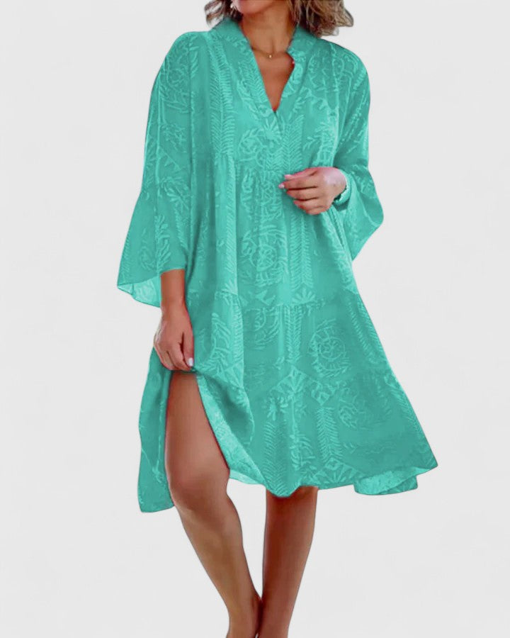 Farrah | Women's Boho V-Neck Bell Sleeve Midi Dress - Red - Image 2