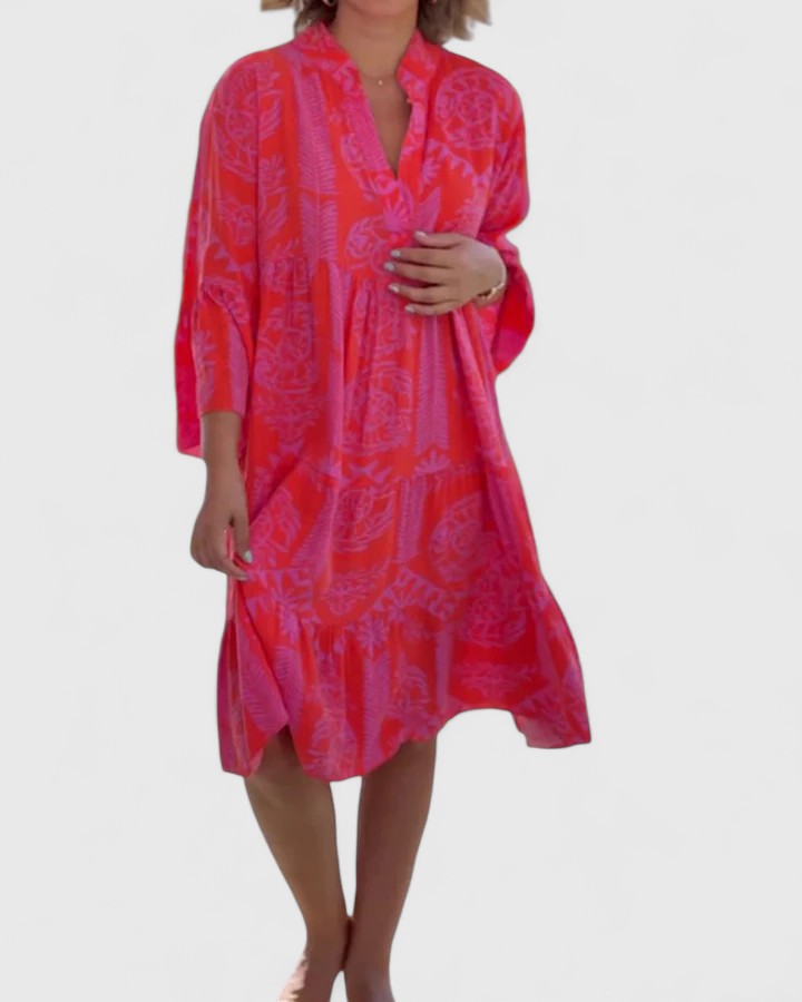 Farrah | Women's Boho V-Neck Bell Sleeve Midi Dress - Red - Image 3
