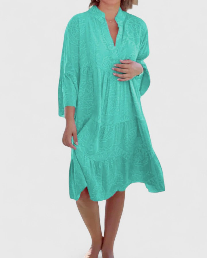 Farrah | Women's Boho V-Neck Bell Sleeve Midi Dress - Red - Image 4
