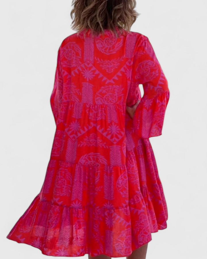 Farrah | Women's Boho V-Neck Bell Sleeve Midi Dress - Red - Image 6