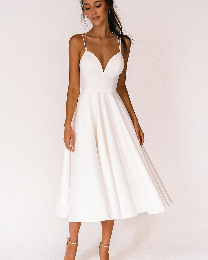 Flavia | Women's Sweetheart Neck A-Line Midi Dress - White - Image 1