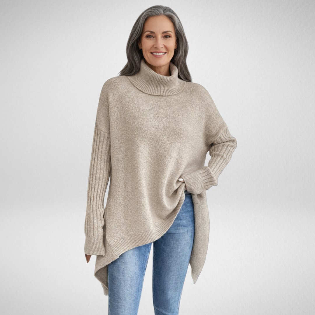 Glenara | Women's Oversized Turtleneck Sweater - Beige - Image 1