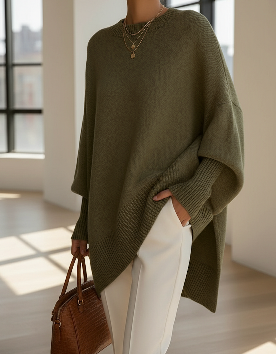 Halvara | Women's Oversized Batwing Knit Sweater - Grey - Image 10