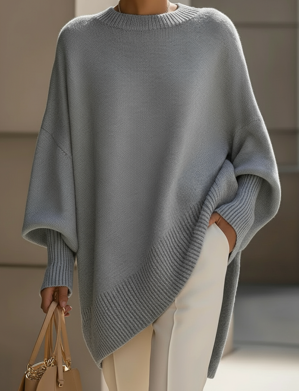 Halvara | Women's Oversized Batwing Knit Sweater - Grey - Image 2