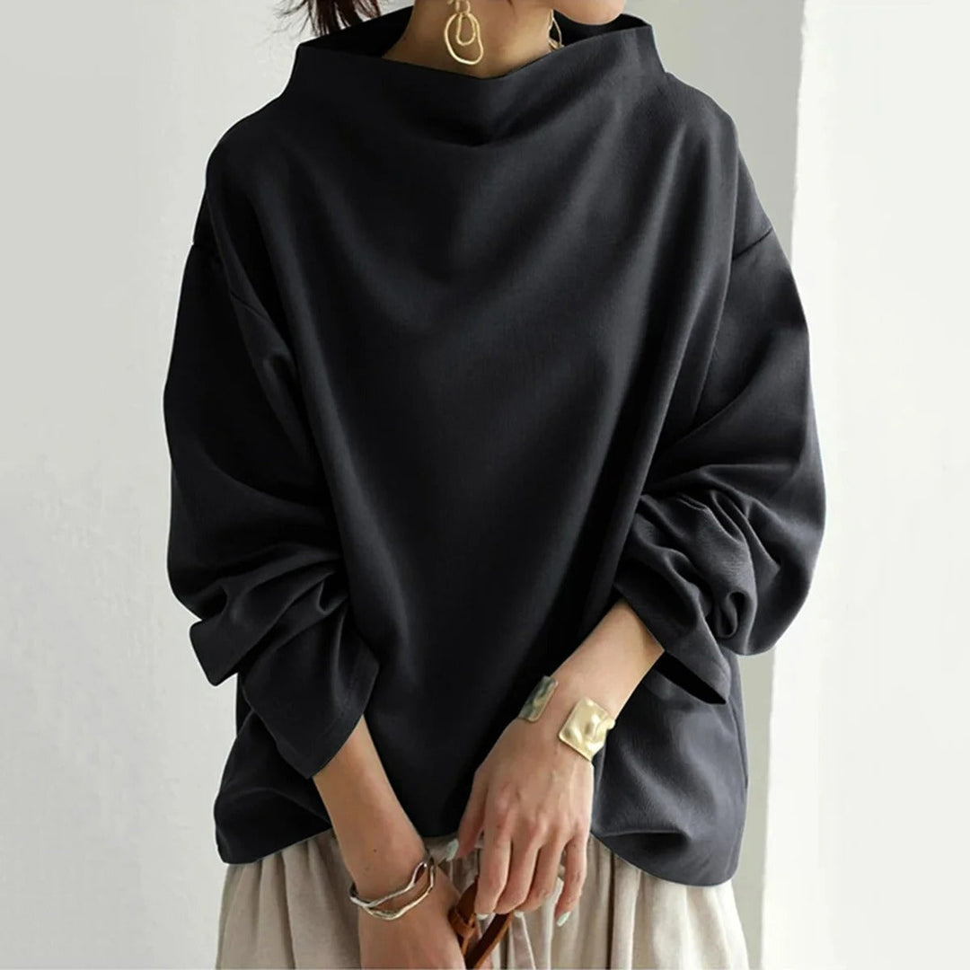 Halvara | Women's Oversized Mock Neck Sweater - Black - Image 2