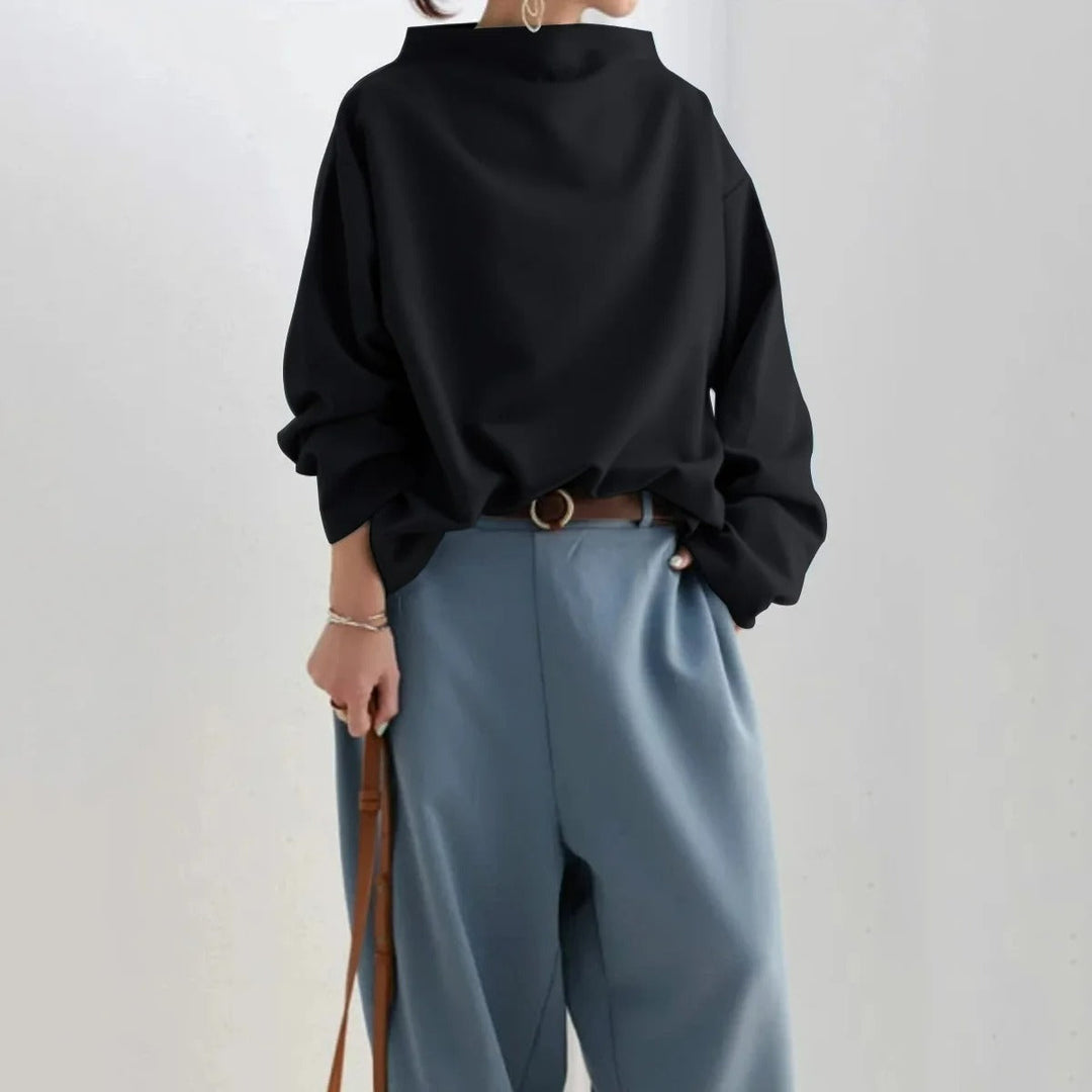 Halvara | Women's Oversized Mock Neck Sweater - Black - Image 5
