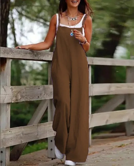 Harlow | Women's Wide Leg Bib Overall Jumpsuit - Brown - Image 1