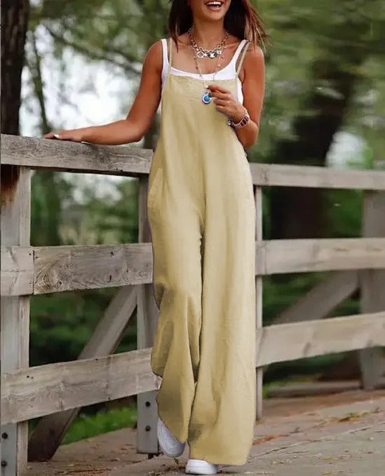 Harlow | Women's Wide Leg Bib Overall Jumpsuit - Brown - Image 3