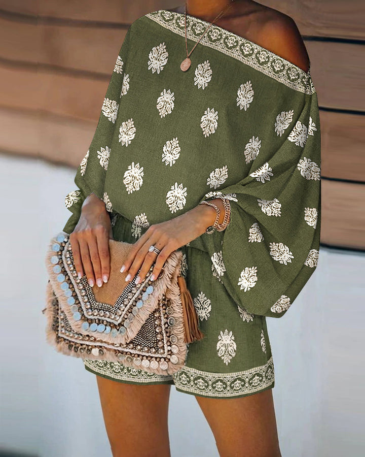 Indira | Women's Off-Shoulder Boho Print Two-Piece Set - Olive Green - Image 1