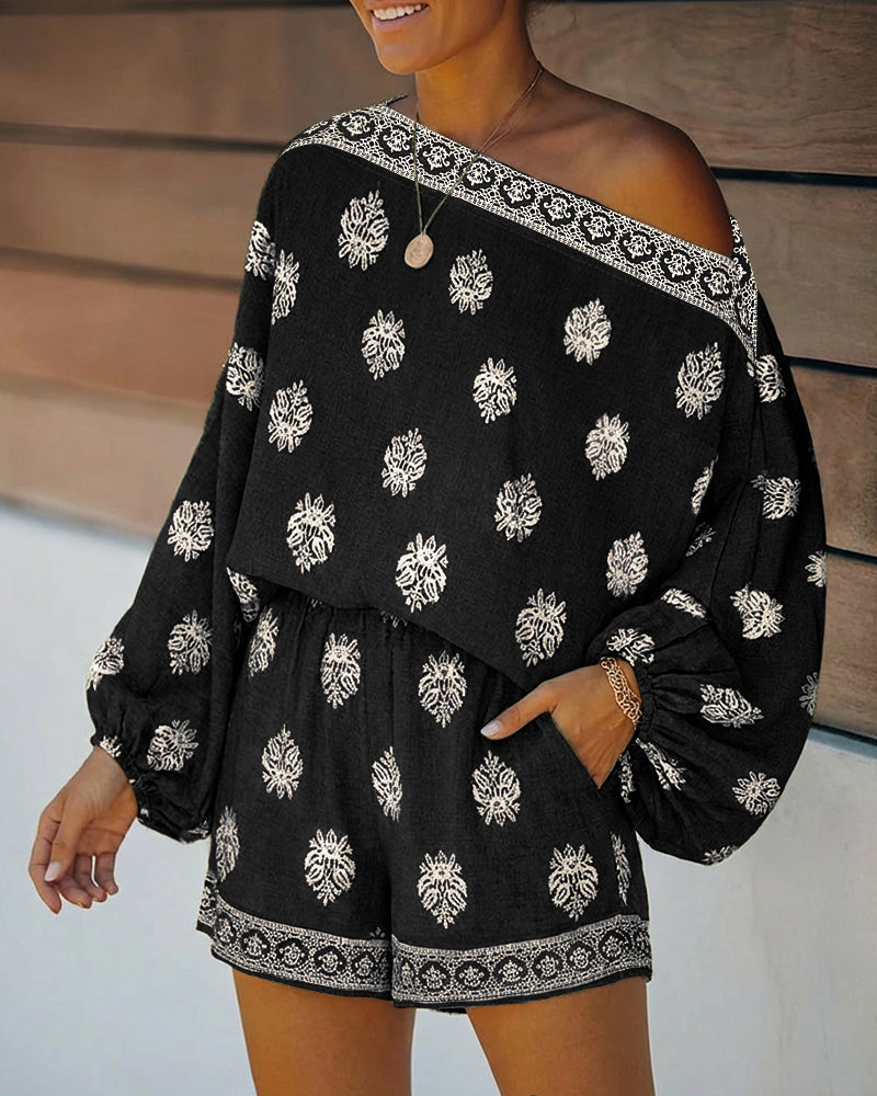 Indira | Women's Off-Shoulder Boho Print Two-Piece Set - Olive Green - Image 13