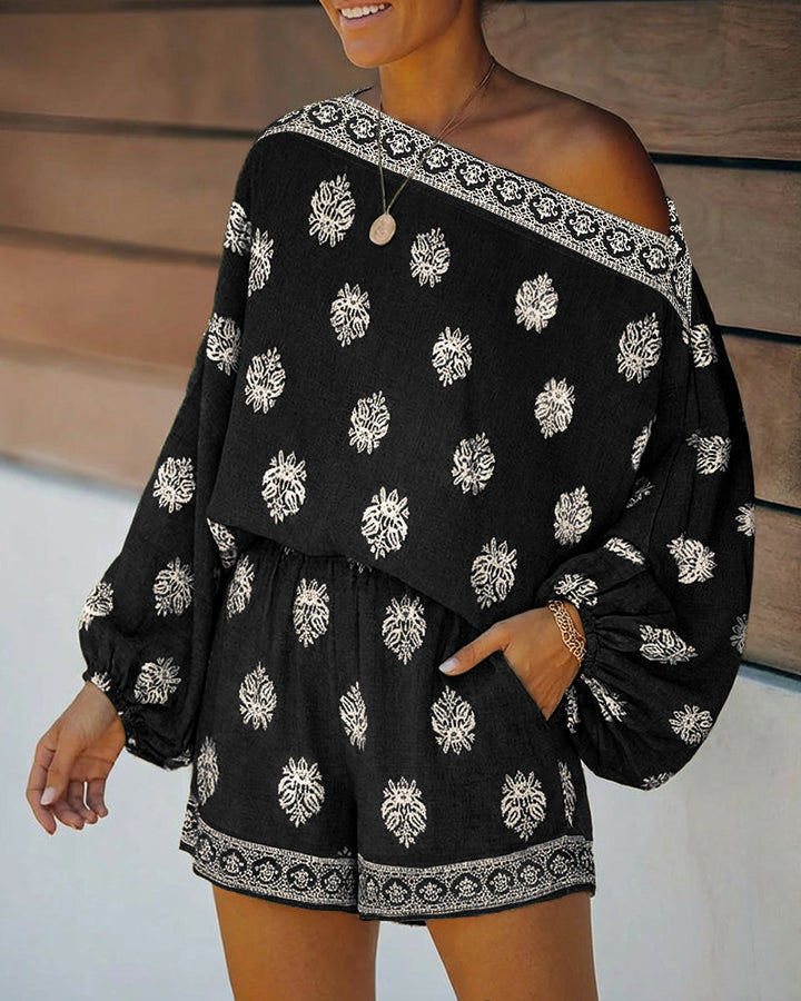 Indira | Women's Off-Shoulder Boho Print Two-Piece Set - Olive Green - Image 13