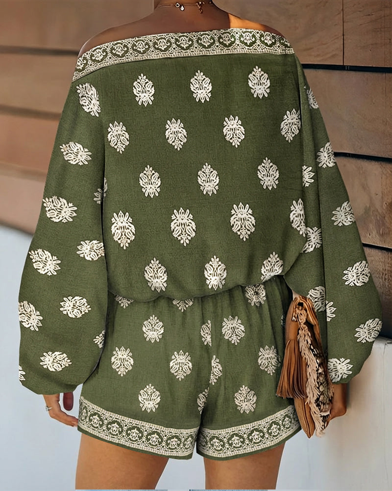 Indira | Women's Off-Shoulder Boho Print Two-Piece Set - Olive Green - Image 2