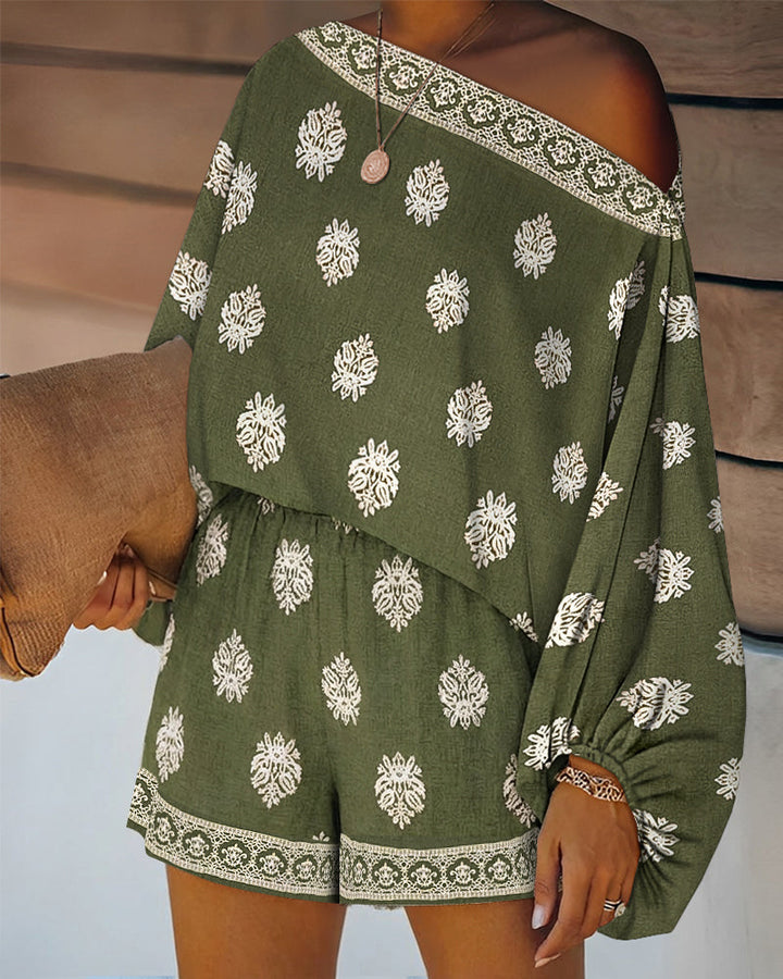 Indira | Women's Off-Shoulder Boho Print Two-Piece Set - Olive Green - Image 3