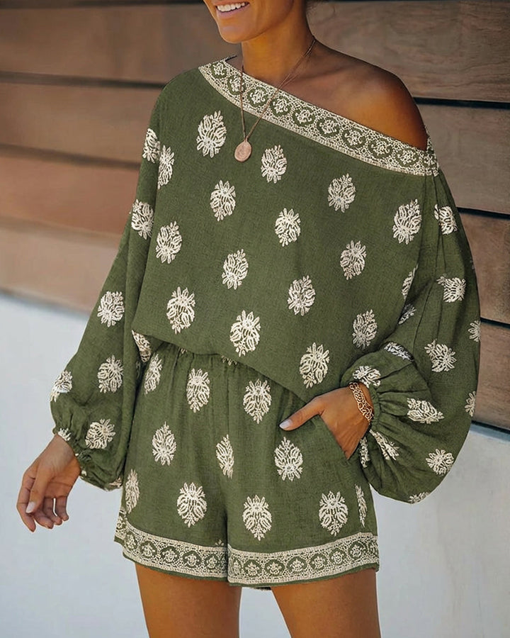 Indira | Women's Off-Shoulder Boho Print Two-Piece Set - Olive Green - Image 4