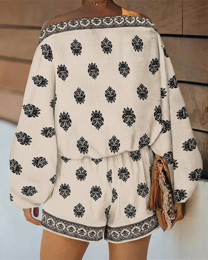 Indira | Women's Off-Shoulder Boho Print Two-Piece Set - Olive Green - Image 7