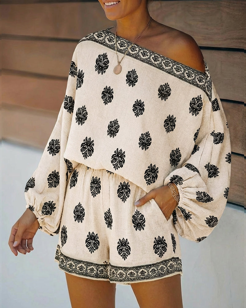 Indira | Women's Off-Shoulder Boho Print Two-Piece Set - Olive Green - Image 9