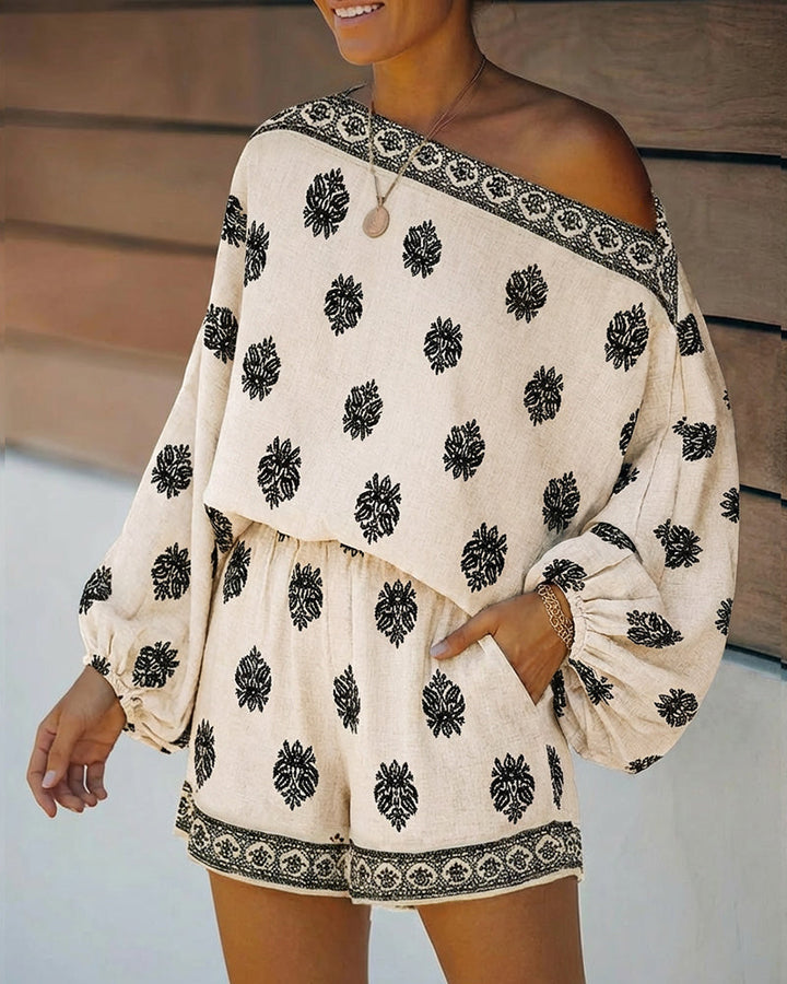 Indira | Women's Off-Shoulder Boho Print Two-Piece Set - Olive Green - Image 9
