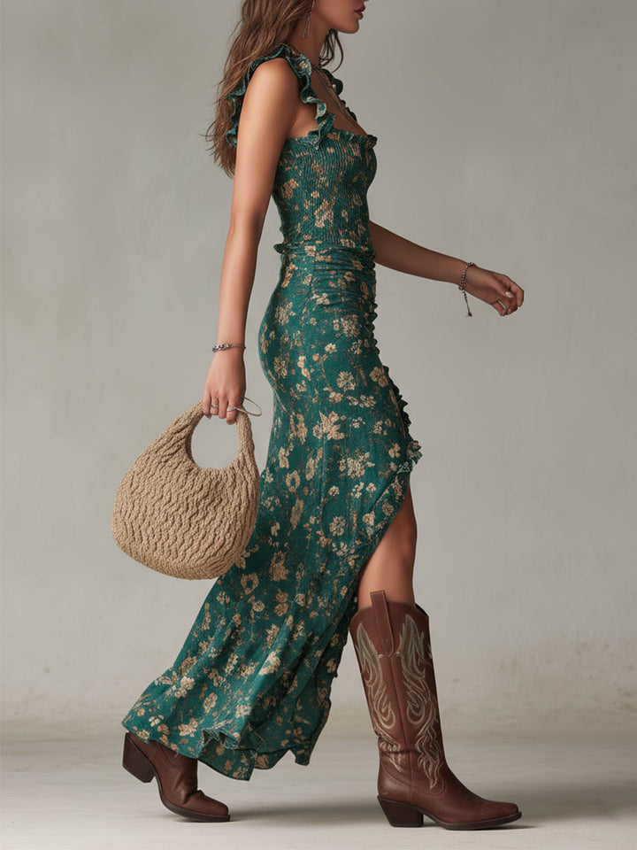 Juliana | Women's Floral Ruffle Strap Maxi Dress - Green - Image 2