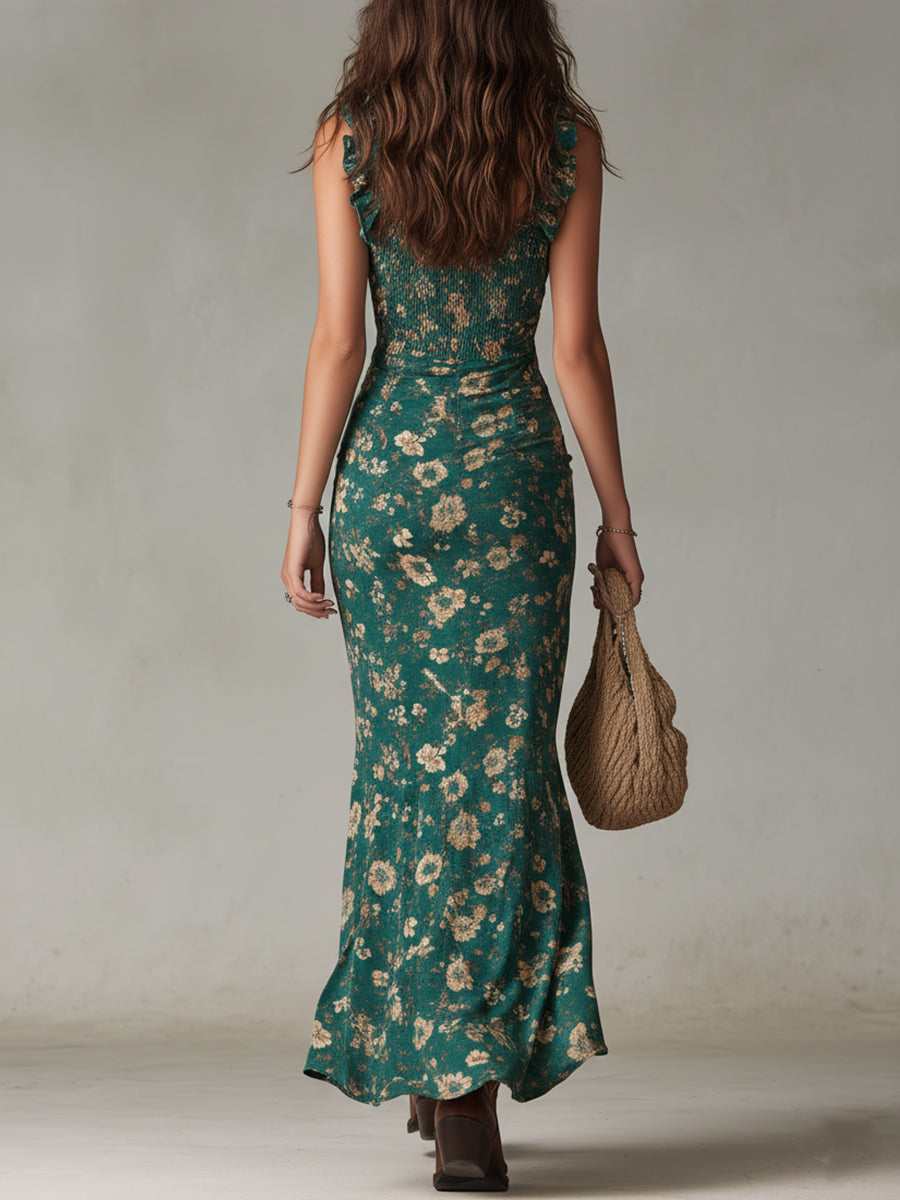 Juliana | Women's Floral Ruffle Strap Maxi Dress - Green - Image 3