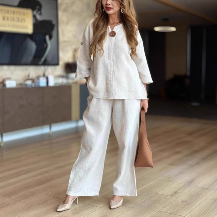 Linnea | Women's 3/4 Sleeve Tunic Wide Leg Pants Set - Cream - Image 1
