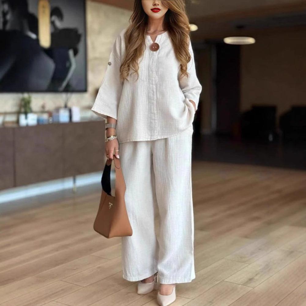 Linnea | Women's 3/4 Sleeve Tunic Wide Leg Pants Set - Cream - Image 2