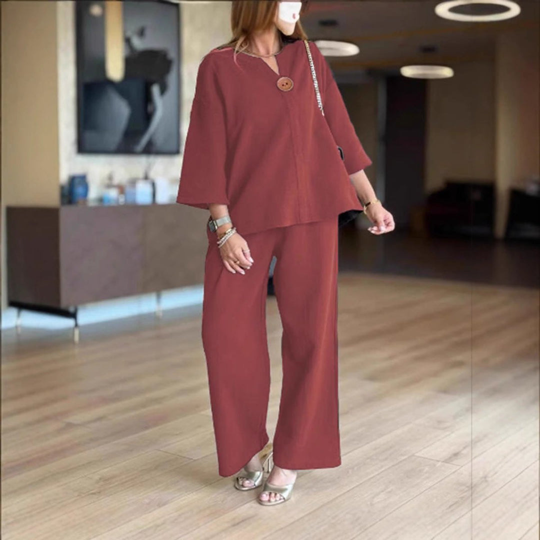 Linnea | Women's 3/4 Sleeve Tunic Wide Leg Pants Set - Cream - Image 3
