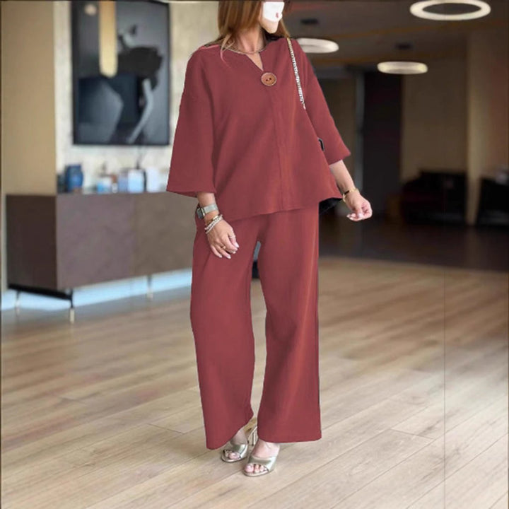 Linnea | Women's 3/4 Sleeve Tunic Wide Leg Pants Set - Cream - Image 3