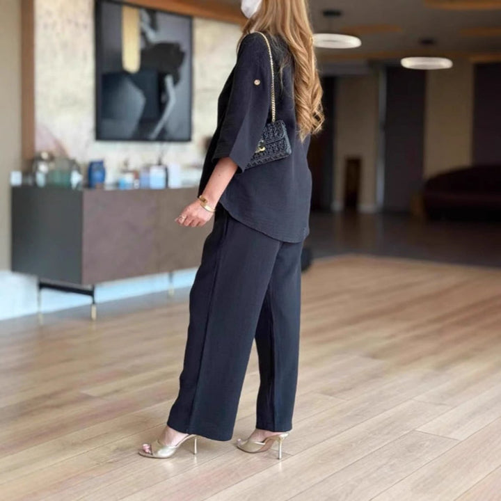 Linnea | Women's 3/4 Sleeve Tunic Wide Leg Pants Set - Cream - Image 4