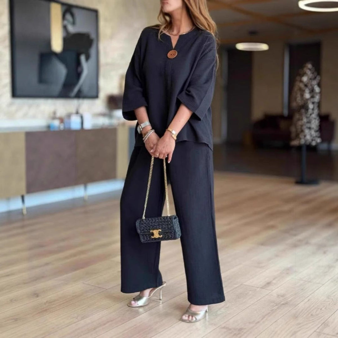 Linnea | Women's 3/4 Sleeve Tunic Wide Leg Pants Set - Cream - Image 5