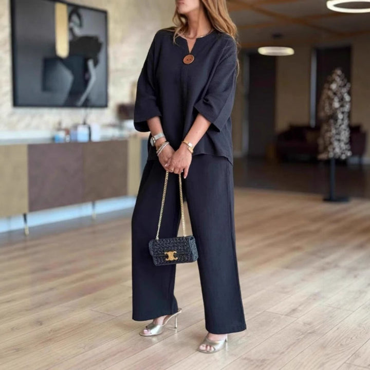 Linnea | Women's 3/4 Sleeve Tunic Wide Leg Pants Set - Cream - Image 5