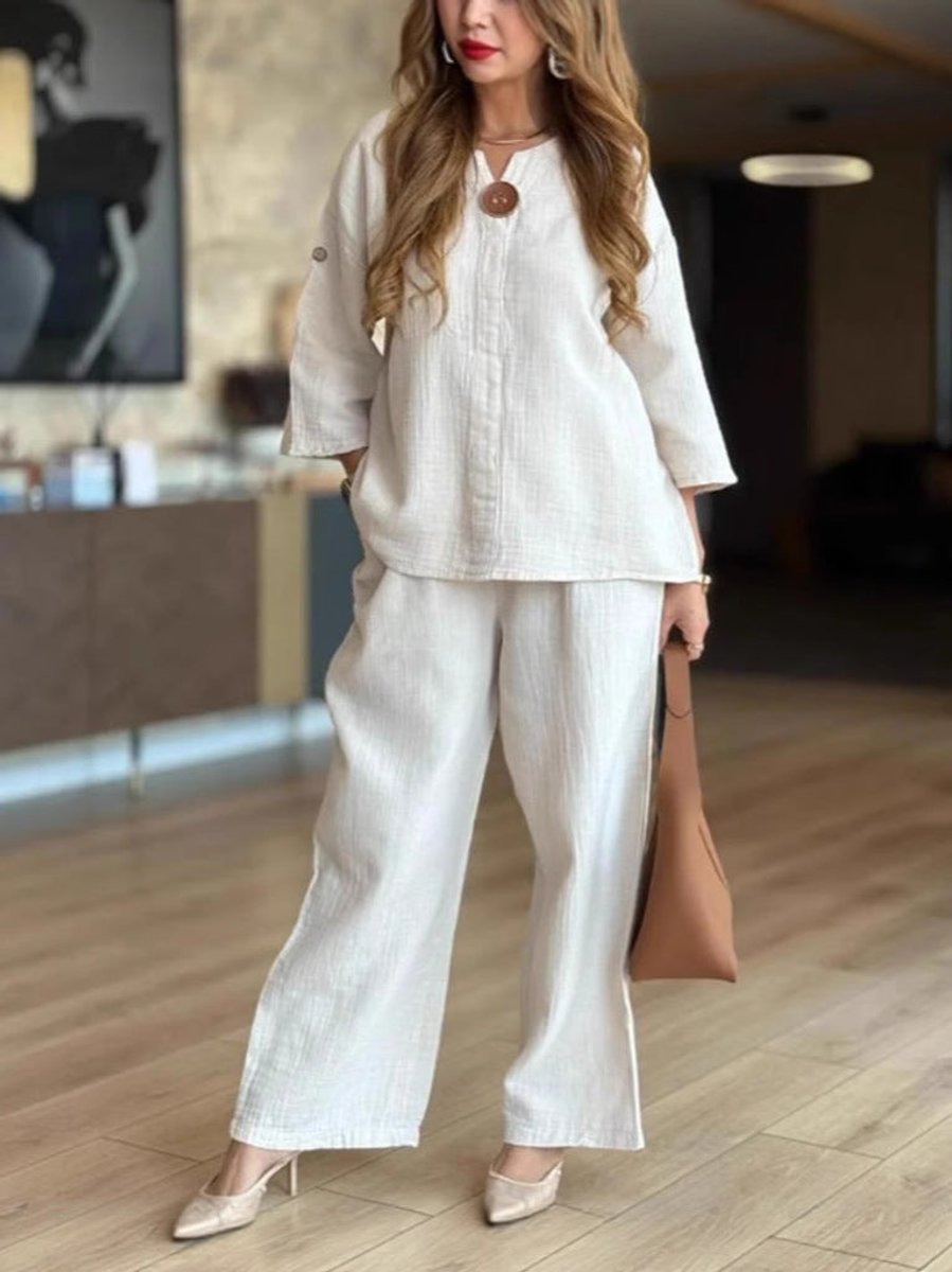 Linnea | Women's 3/4 Sleeve Tunic Wide Leg Pants Set - Cream - Image 6