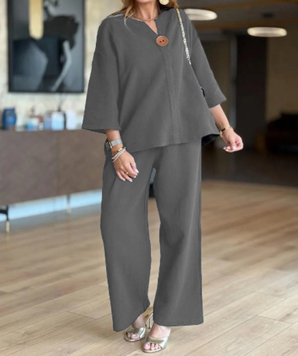 Linnea | Women's 3/4 Sleeve Tunic Wide Leg Pants Set - Cream - Image 7
