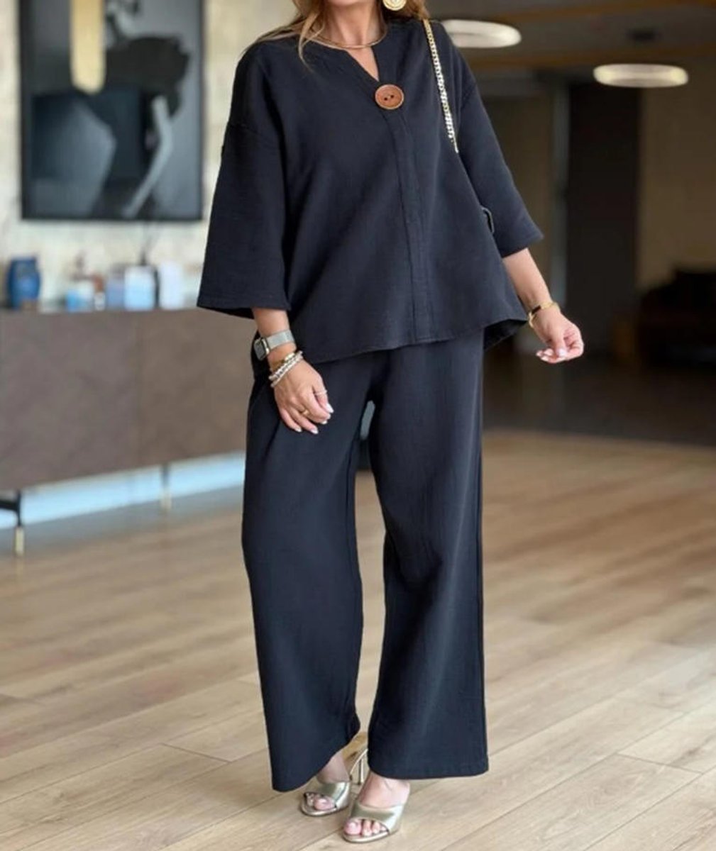 Linnea | Women's 3/4 Sleeve Tunic Wide Leg Pants Set - Cream - Image 8