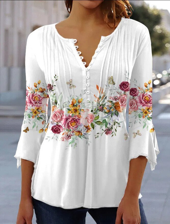 Lorette | Women's Floral Henley 3/4 Sleeve Blouse - White - Image 1